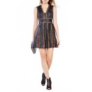 BCBG MaxAzria Black Leather Lace Panel V-Neck Mini Dress